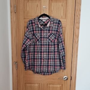 Pink and Blue Ladies Plaid Button-Down Shirt With Lace Detail